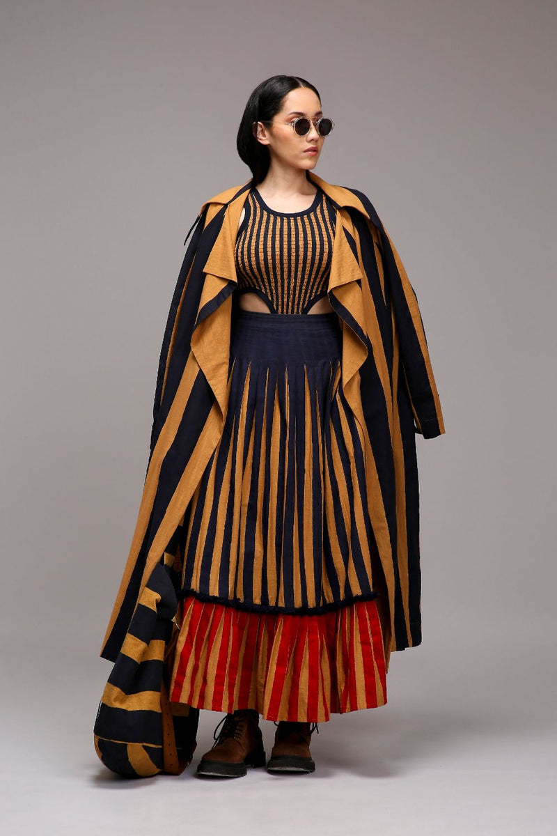 Tan-Brown Trench Bodysuit Dual Striped Skirt Set (3 PCS) cotton by Mati in brown color for women in Singapore