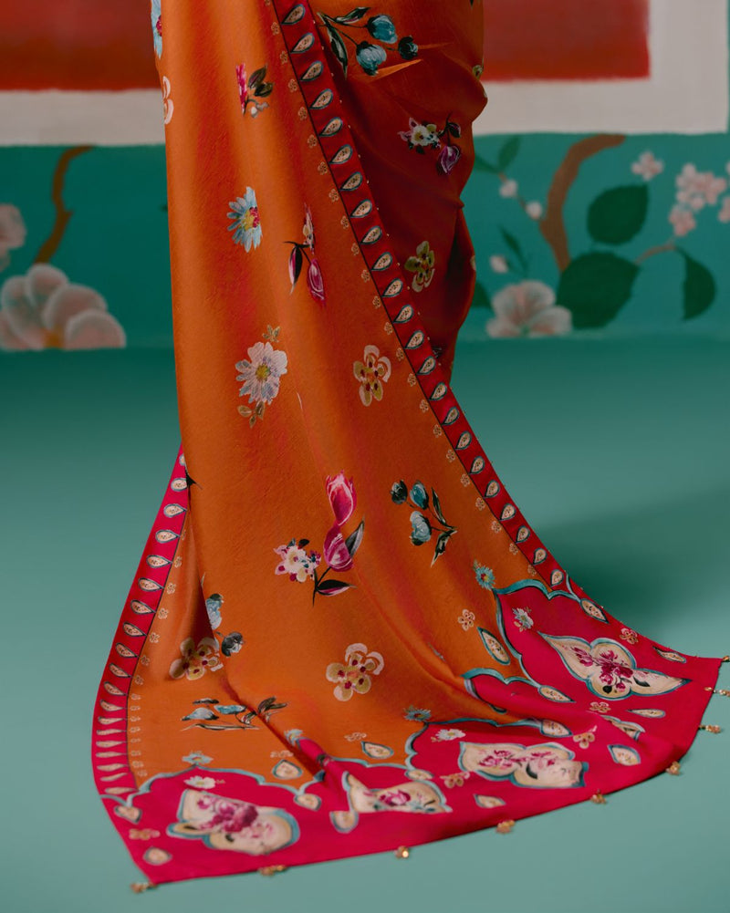 Tangerine & Fuschia Floral Saree Buy Tangerine & Fuschia Floral Saree from C&W | Saree for Women by Label Mogra for women in Singapore