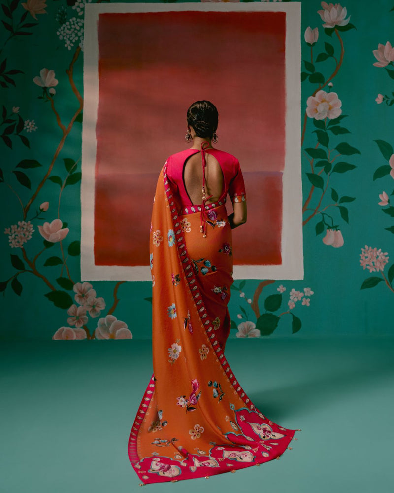 Tangerine & Fuschia Floral Saree Buy Tangerine & Fuschia Floral Saree from C&W | Saree for Women by Label Mogra for women in Singapore