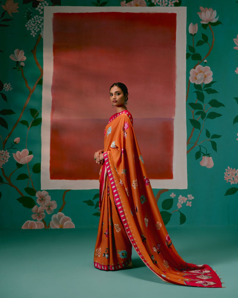 Tangerine & Fuschia Floral Saree Buy Tangerine & Fuschia Floral Saree from C&W | Saree for Women by Label Mogra for women in Singapore