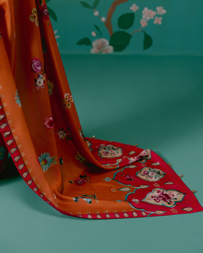 Tangerine & Fuschia Floral Saree Buy Tangerine & Fuschia Floral Saree from C&W | Saree for Women by Label Mogra for women in Singapore