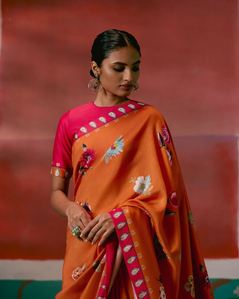 Tangerine & Fuschia Floral Saree Buy Tangerine & Fuschia Floral Saree from C&W | Saree for Women by Label Mogra for women in Singapore