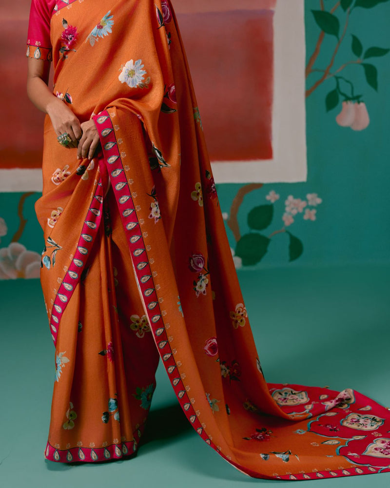 Tangerine & Fuschia Floral Saree Buy Tangerine & Fuschia Floral Saree from C&W | Saree for Women by Label Mogra for women in Singapore