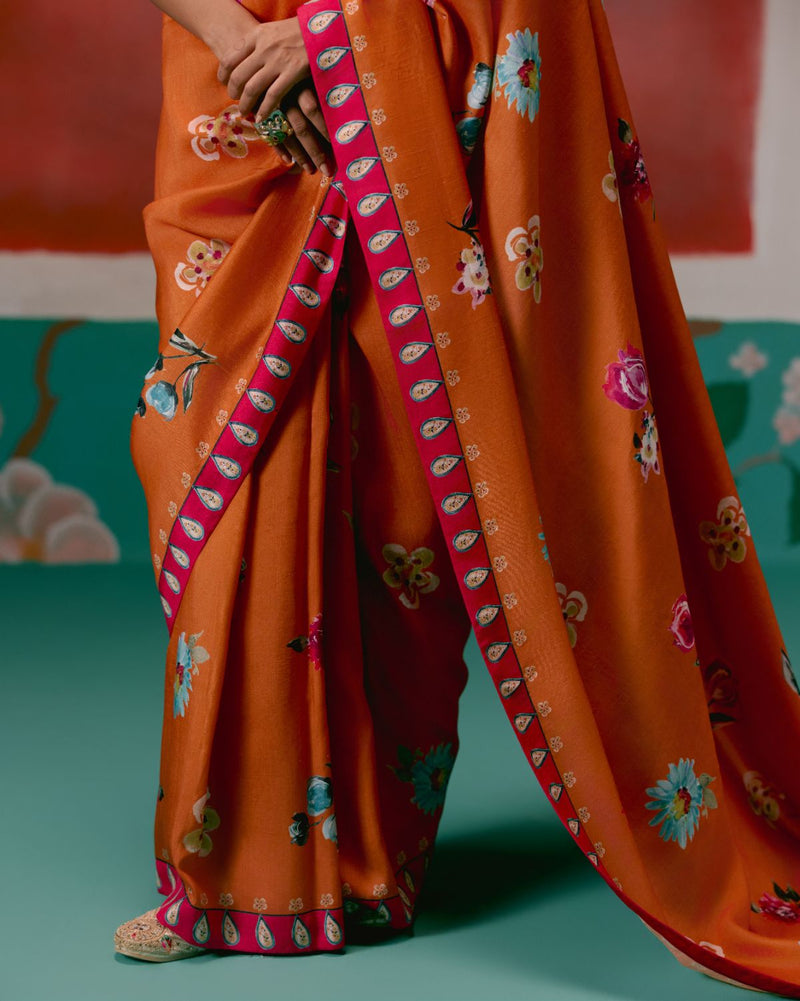 Tangerine & Fuschia Floral Saree Buy Tangerine & Fuschia Floral Saree from C&W | Saree for Women by Label Mogra for women in Singapore