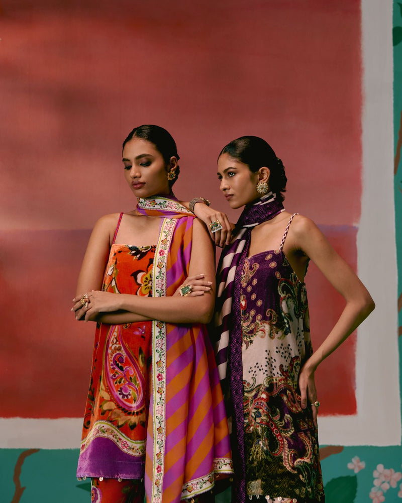 Tangerine & Purple Floral Kurta Set Buy Tangerine & Purple Floral Kurta Set from C&W | Kurta/Kurta Sets for Women by Label Mogra in purple color for women in Singapore