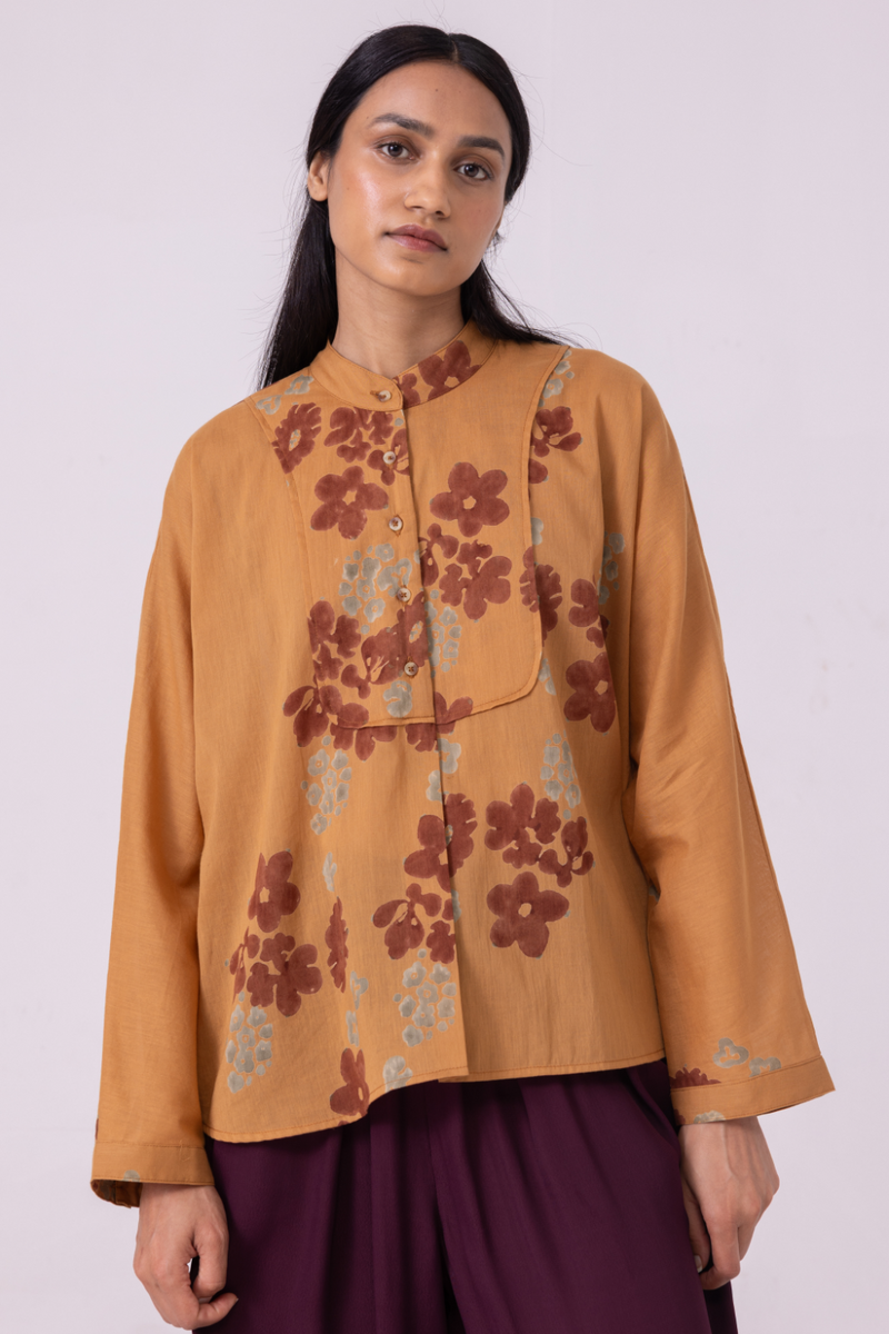 Taro Floral Hand Printed Top cotton by The Summer House in rust color for women in Singapore