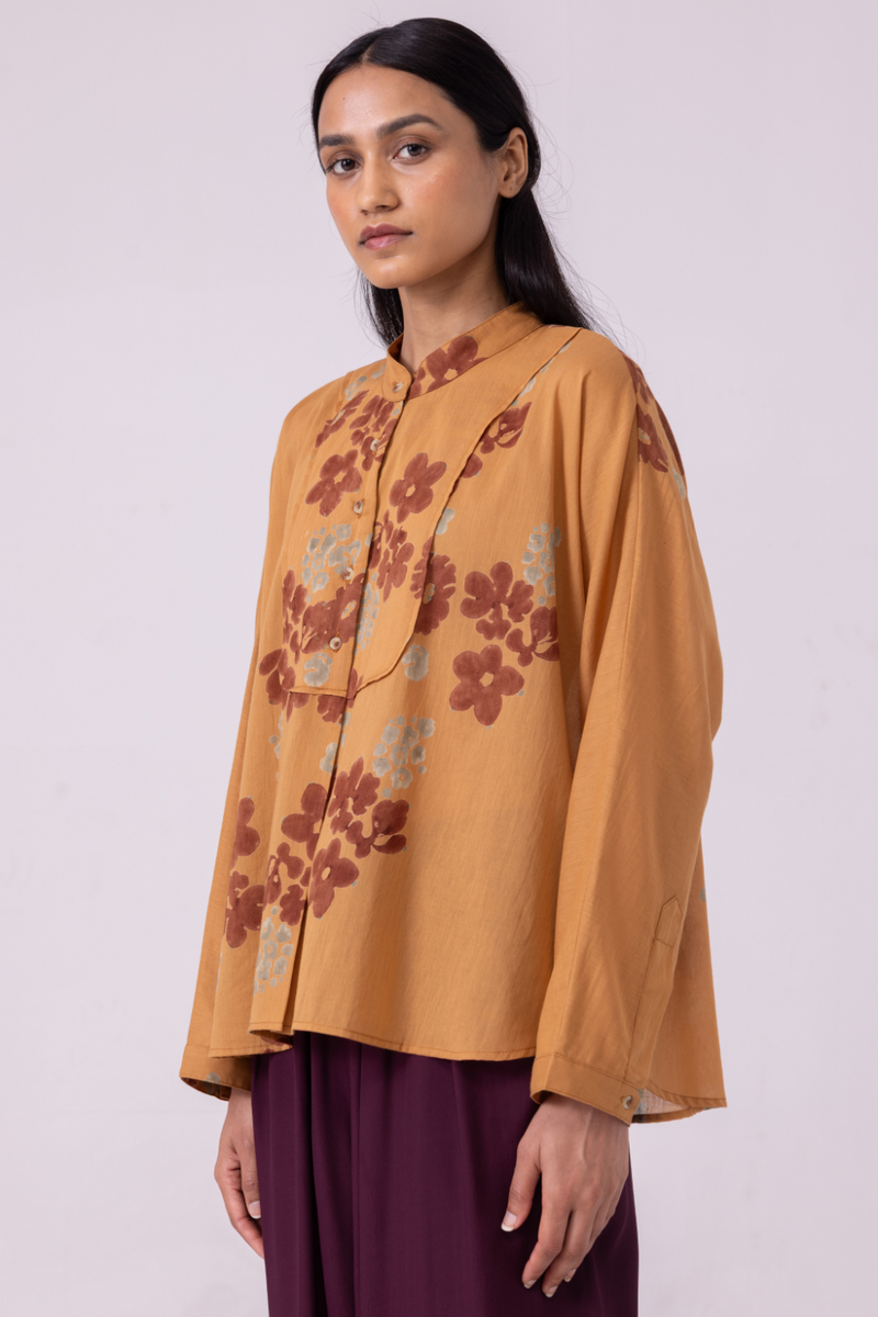Taro Floral Hand Printed Top cotton by The Summer House in rust color for women in Singapore