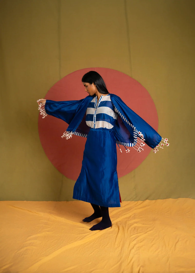 Tass Moma Jacket-Blue and White chanderi jacket/overlay by Ka-Sha in blue for women in Singapore