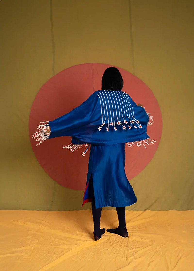 Tass Moma Jacket-Blue and White chanderi jacket/overlay by Ka-Sha in blue for women in Singapore