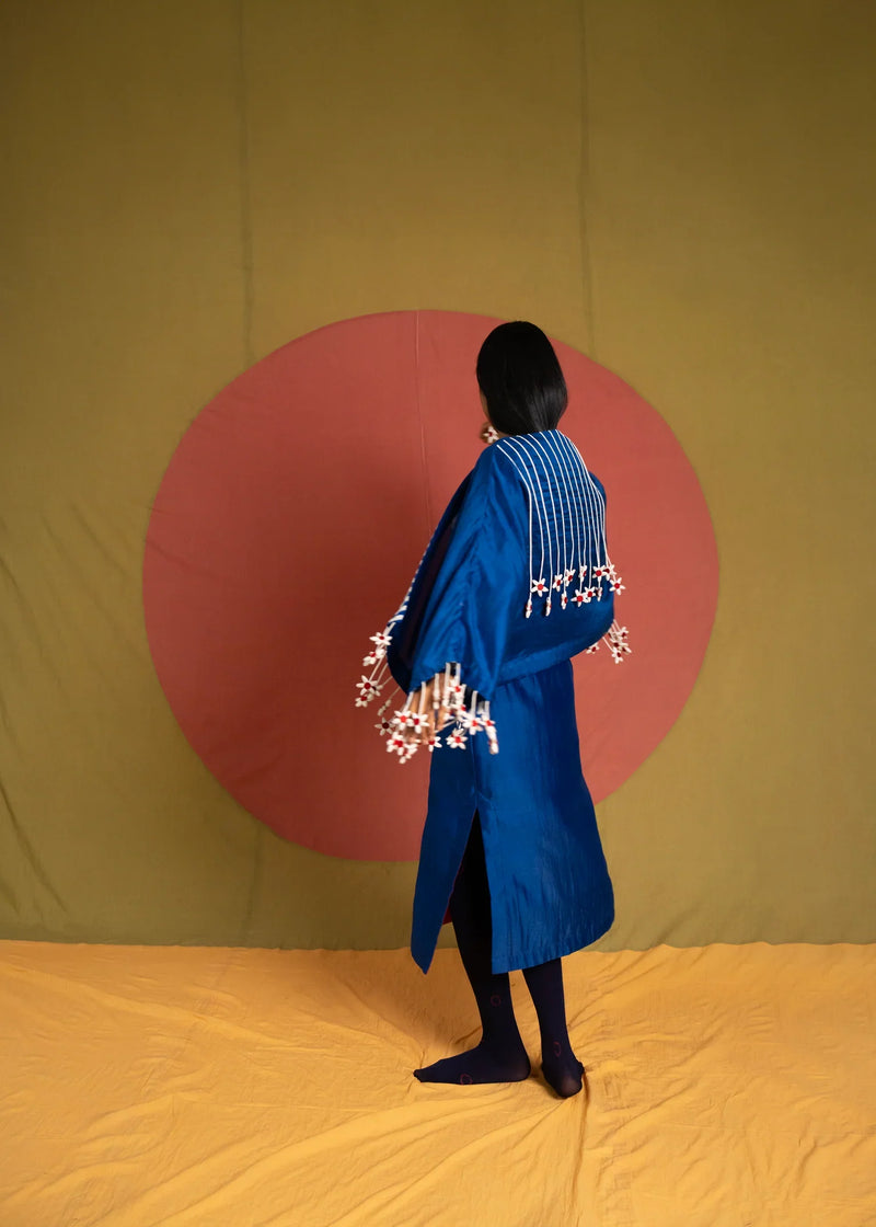 Tass Moma Jacket-Blue and White chanderi jacket/overlay by Ka-Sha in blue for women in Singapore