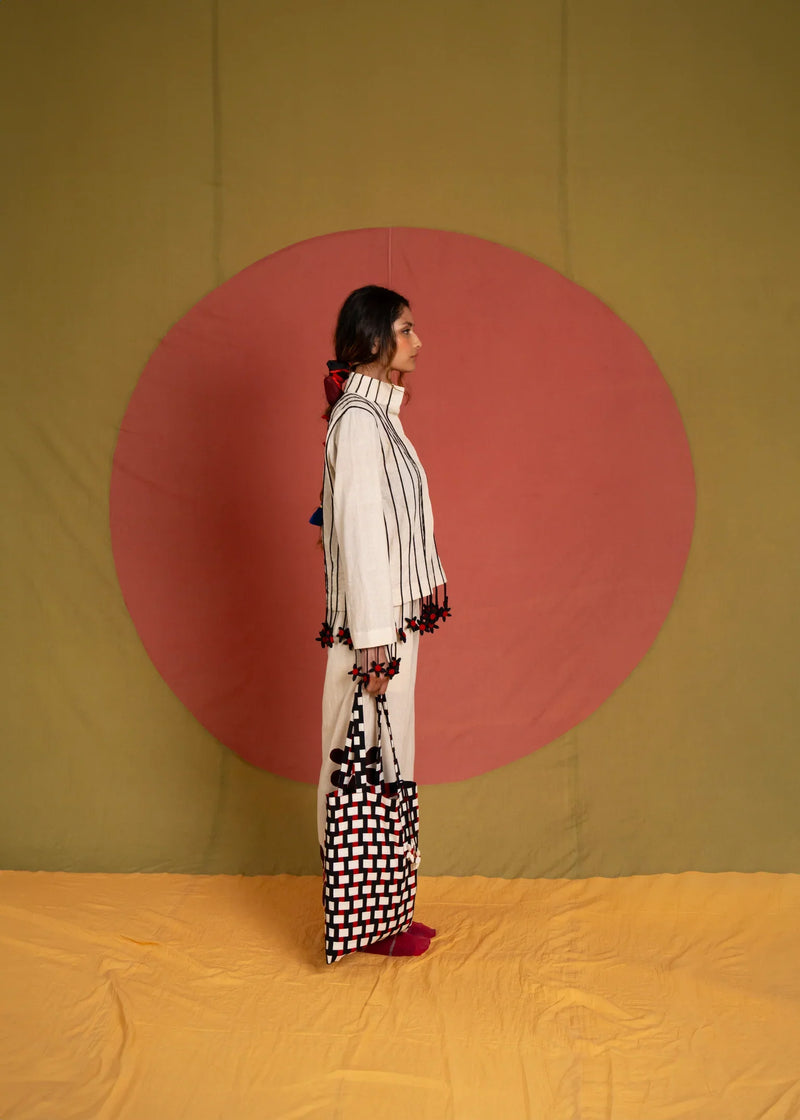 Tass Thakur Jacket-Black and White cotton jacket/overlay by Ka-Sha in white for women in Singapore