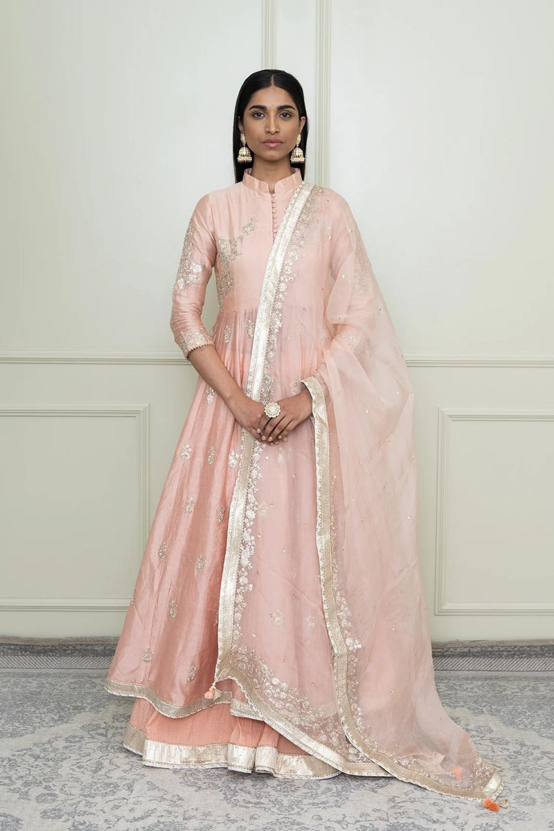 Taveshi Anarkali with skirt and dupatta-Pearl Pink silk by SHEETAL BATRA in pink color for women in Singapore