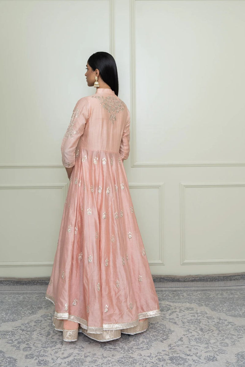 Taveshi Anarkali with skirt and dupatta-Pearl Pink silk by SHEETAL BATRA in pink color for women in Singapore