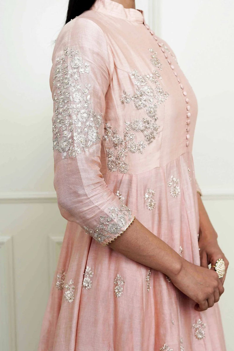 Taveshi Anarkali with skirt and dupatta-Pearl Pink silk by SHEETAL BATRA in pink color for women in Singapore