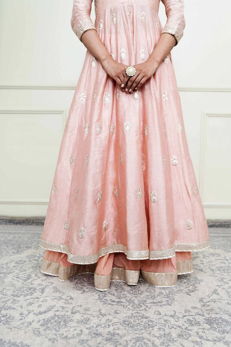 Taveshi Anarkali with skirt and dupatta-Pearl Pink silk by SHEETAL BATRA in pink color for women in Singapore