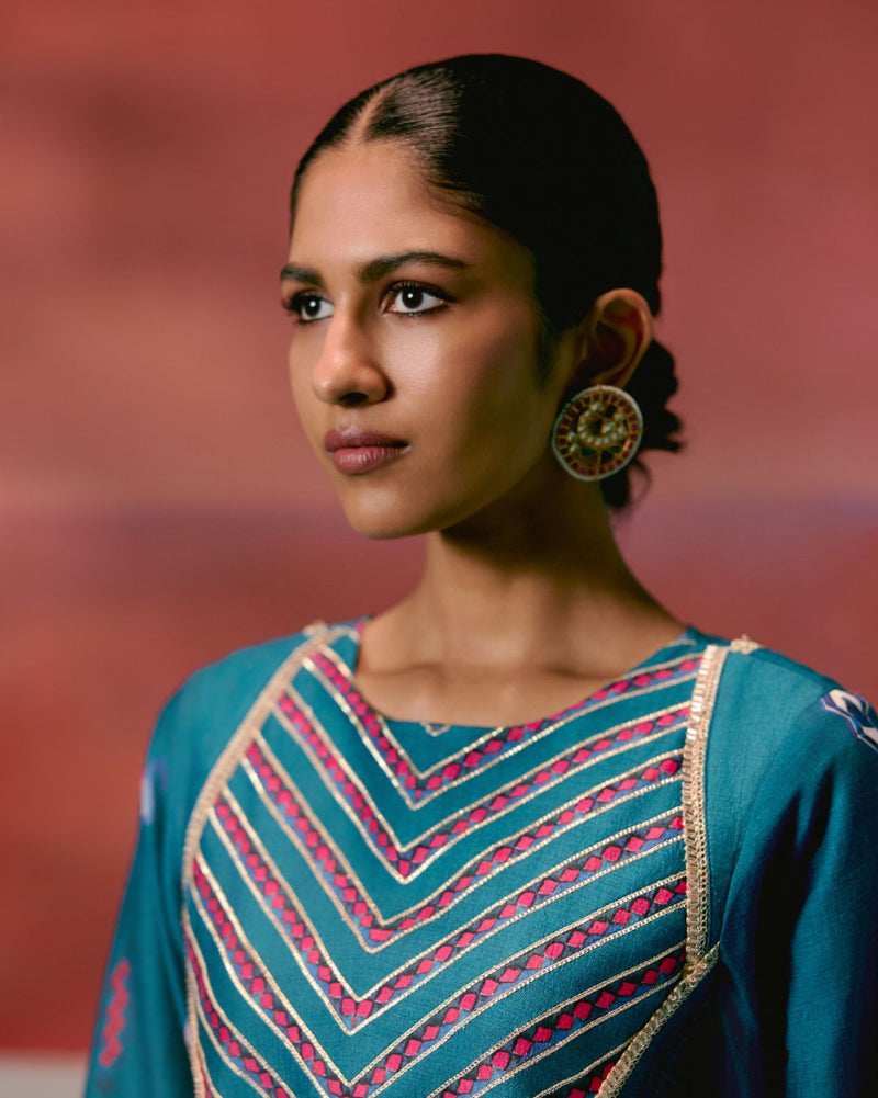 Teal Aztec Anarkali Set Buy Teal Aztec Anarkali Set from C&W | Kurta/Kurta Sets for Women by Label Mogra in teal color for women in Singapore