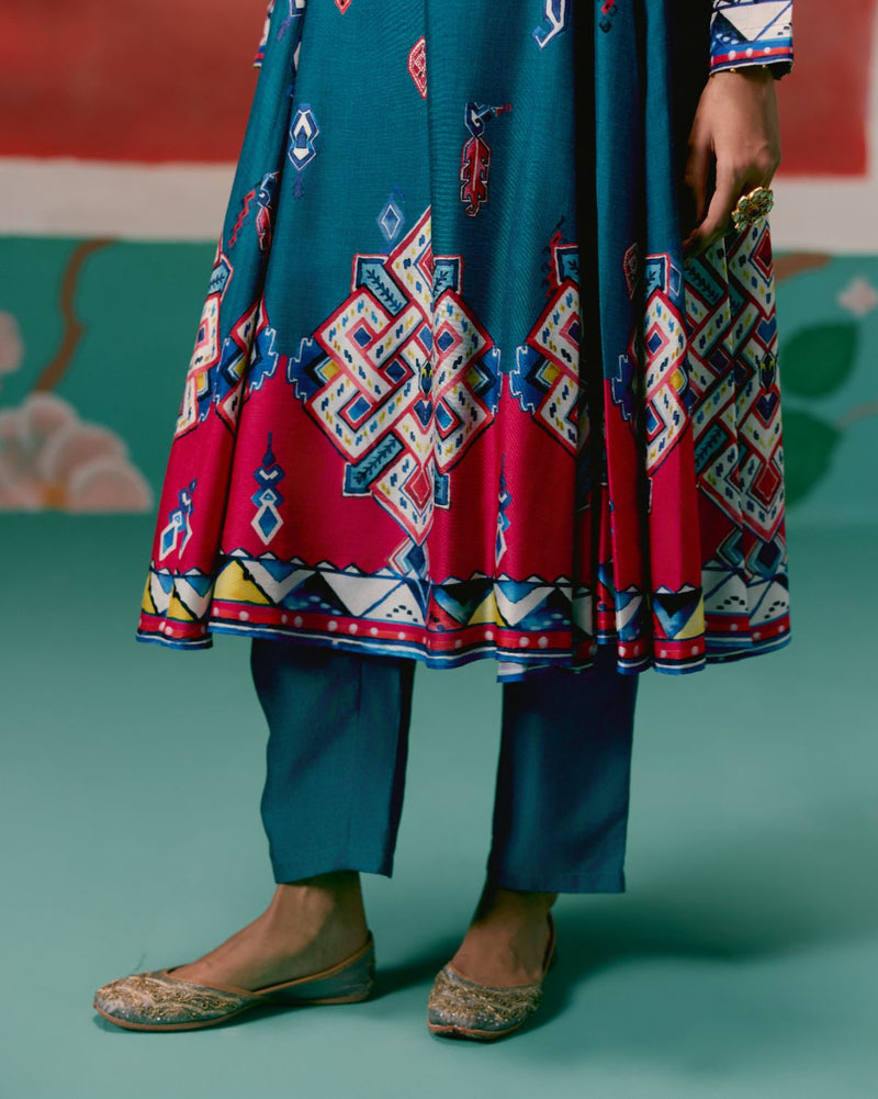 Teal Aztec Anarkali Set Buy Teal Aztec Anarkali Set from C&W | Kurta/Kurta Sets for Women by Label Mogra in teal color for women in Singapore