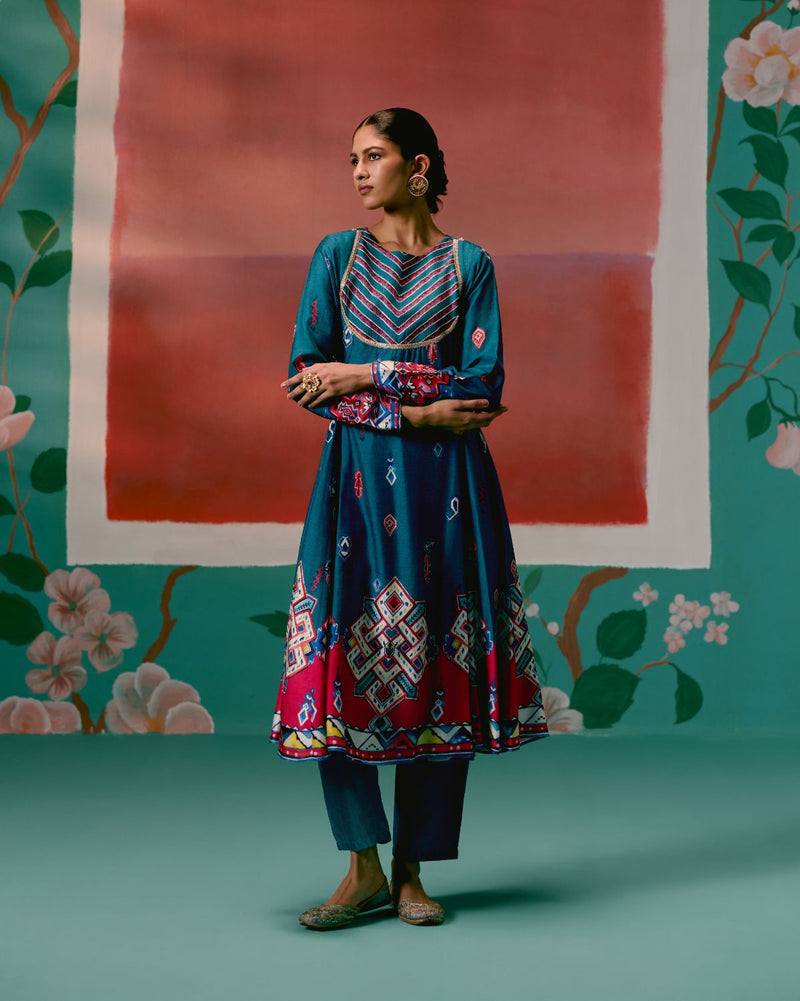 Teal Aztec Anarkali Set Buy Teal Aztec Anarkali Set from C&W | Kurta/Kurta Sets for Women by Label Mogra in teal color for women in Singapore