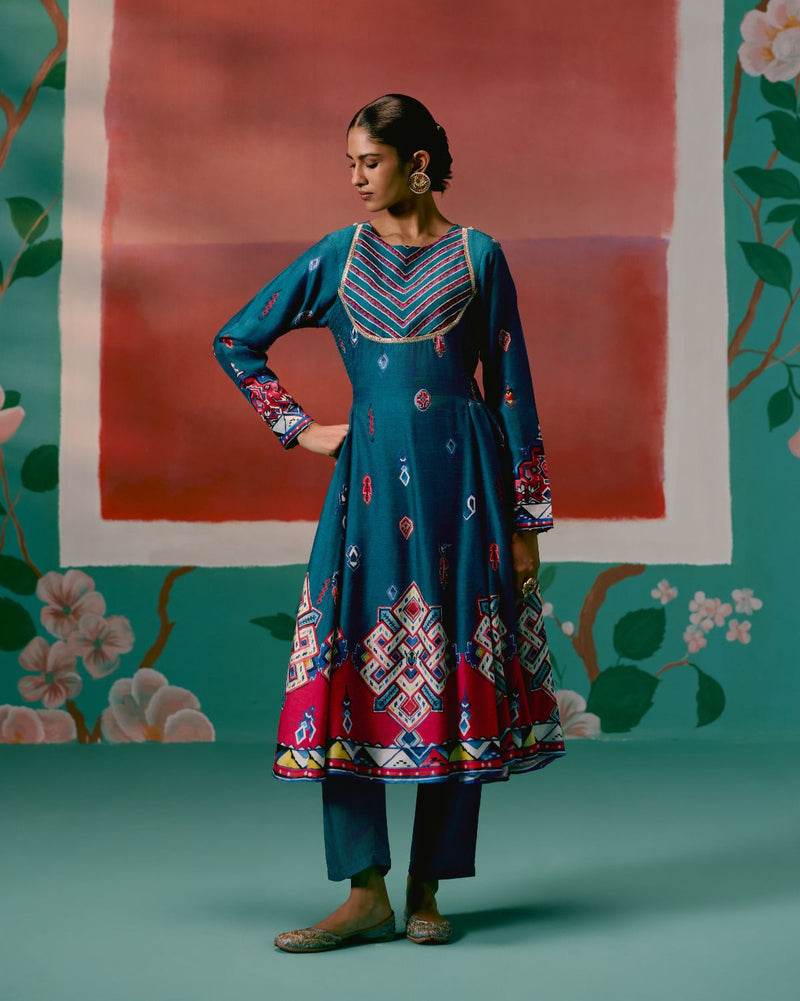 Teal Aztec Anarkali Set Buy Teal Aztec Anarkali Set from C&W | Kurta/Kurta Sets for Women by Label Mogra in teal color for women in Singapore
