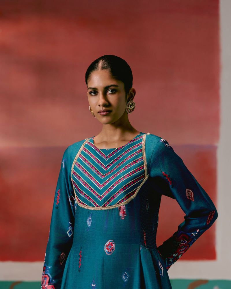 Teal Aztec Anarkali Set Buy Teal Aztec Anarkali Set from C&W | Kurta/Kurta Sets for Women by Label Mogra in teal color for women in Singapore