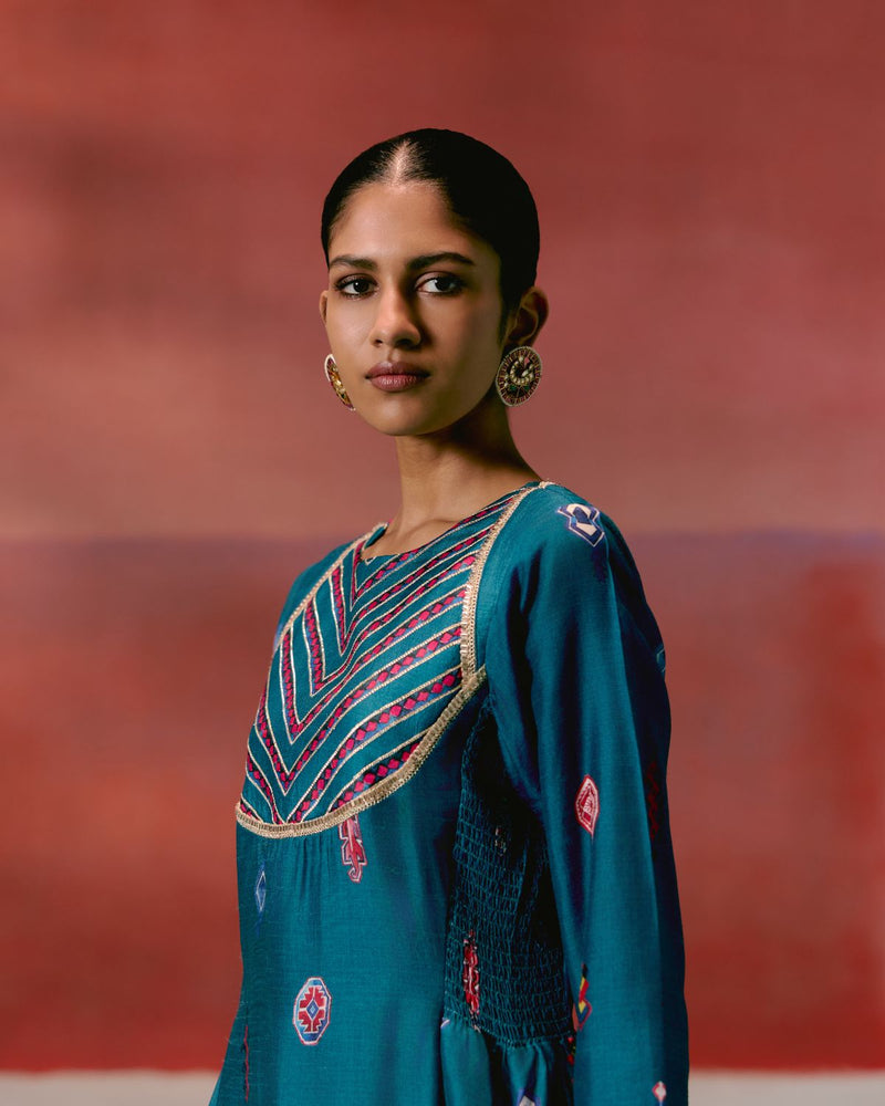 Teal Aztec Anarkali Set Buy Teal Aztec Anarkali Set from C&W | Kurta/Kurta Sets for Women by Label Mogra in teal color for women in Singapore