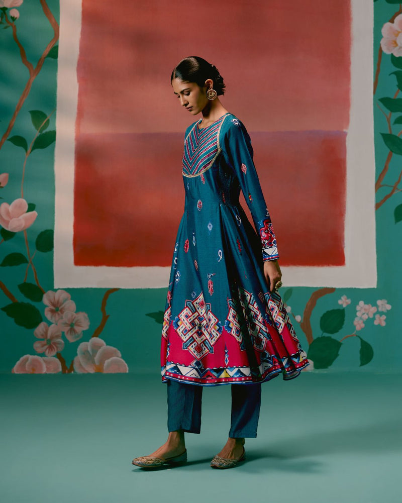 Teal Aztec Anarkali Set Buy Teal Aztec Anarkali Set from C&W | Kurta/Kurta Sets for Women by Label Mogra in teal color for women in Singapore