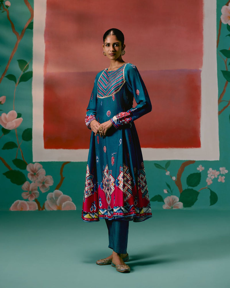 Teal Aztec Anarkali Set Buy Teal Aztec Anarkali Set from C&W | Kurta/Kurta Sets for Women by Label Mogra in teal color for women in Singapore