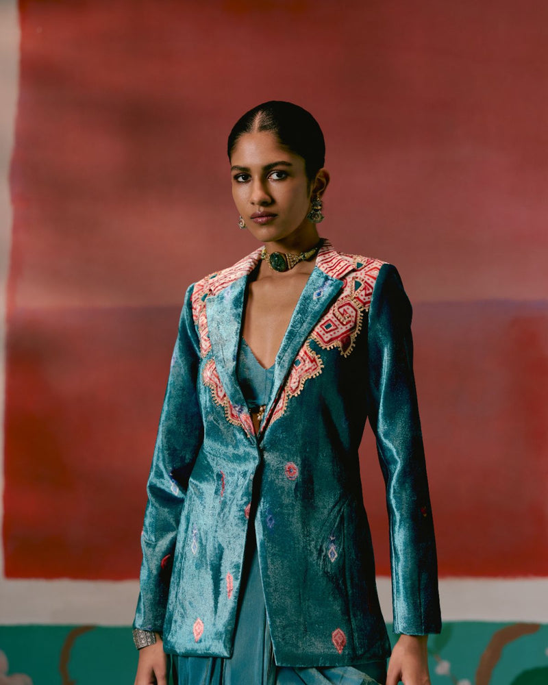 Teal Aztec Blazer Dhoti Set Buy Teal Aztec Blazer Dhoti Set from C&W | Co-Ord Sets for Women by Label Mogra in teal color for women in Singapore