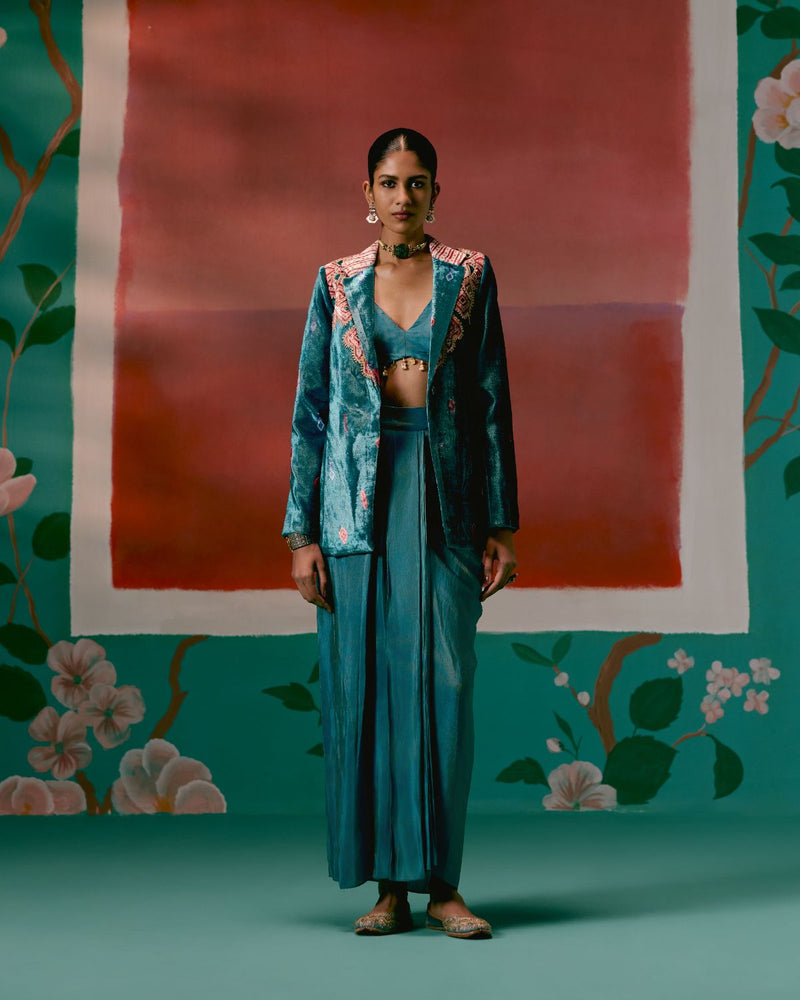 Teal Aztec Blazer Dhoti Set Buy Teal Aztec Blazer Dhoti Set from C&W | Co-Ord Sets for Women by Label Mogra in teal color for women in Singapore