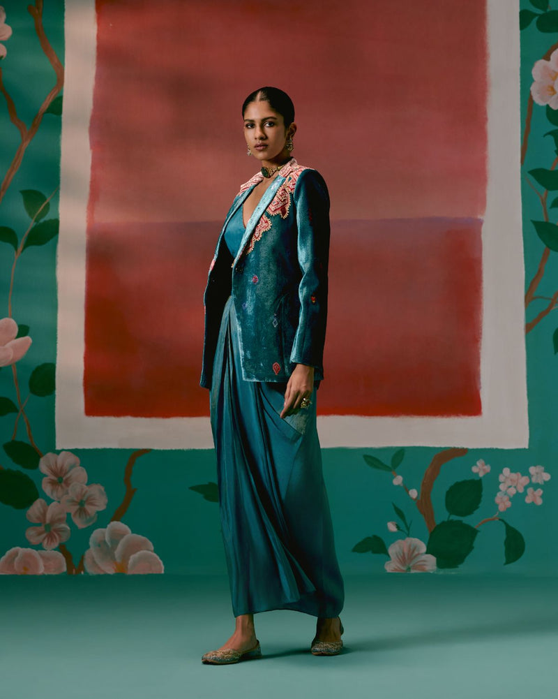 Teal Aztec Blazer Dhoti Set Buy Teal Aztec Blazer Dhoti Set from C&W | Co-Ord Sets for Women by Label Mogra in teal color for women in Singapore