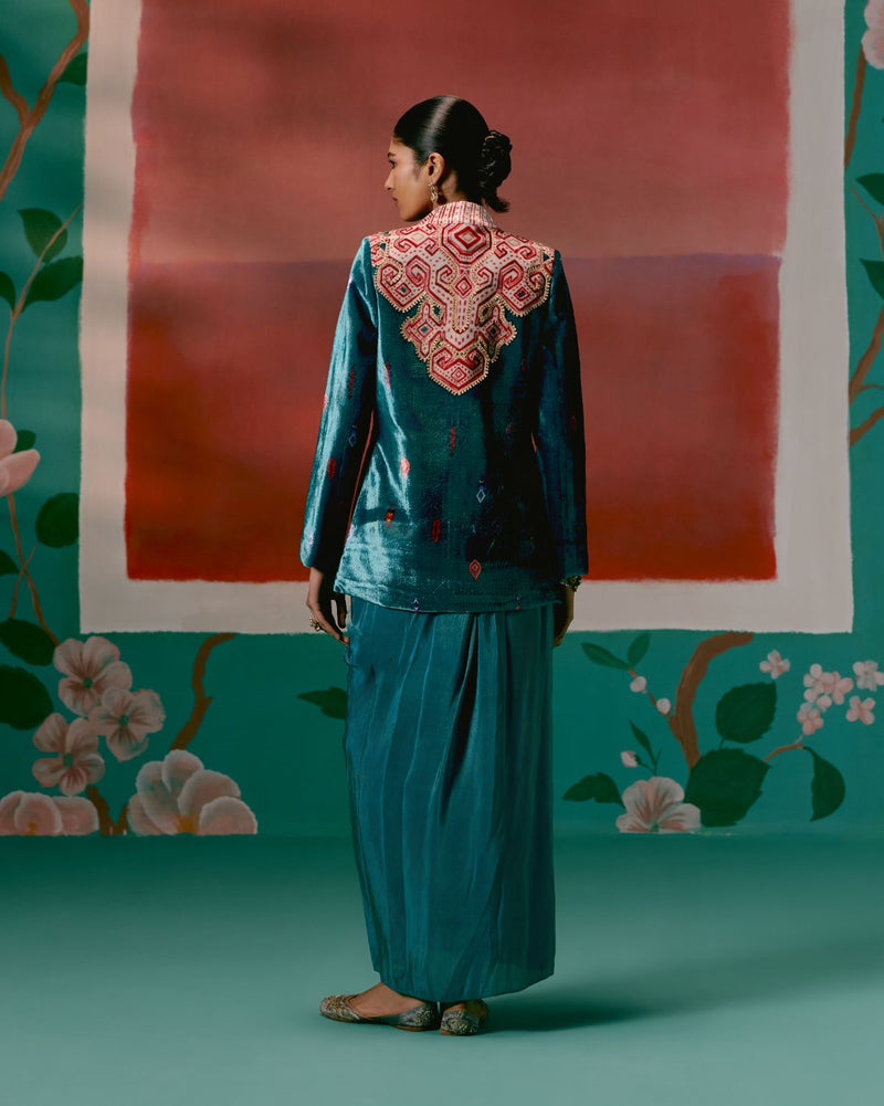 Teal Aztec Blazer Dhoti Set Buy Teal Aztec Blazer Dhoti Set from C&W | Co-Ord Sets for Women by Label Mogra in teal color for women in Singapore