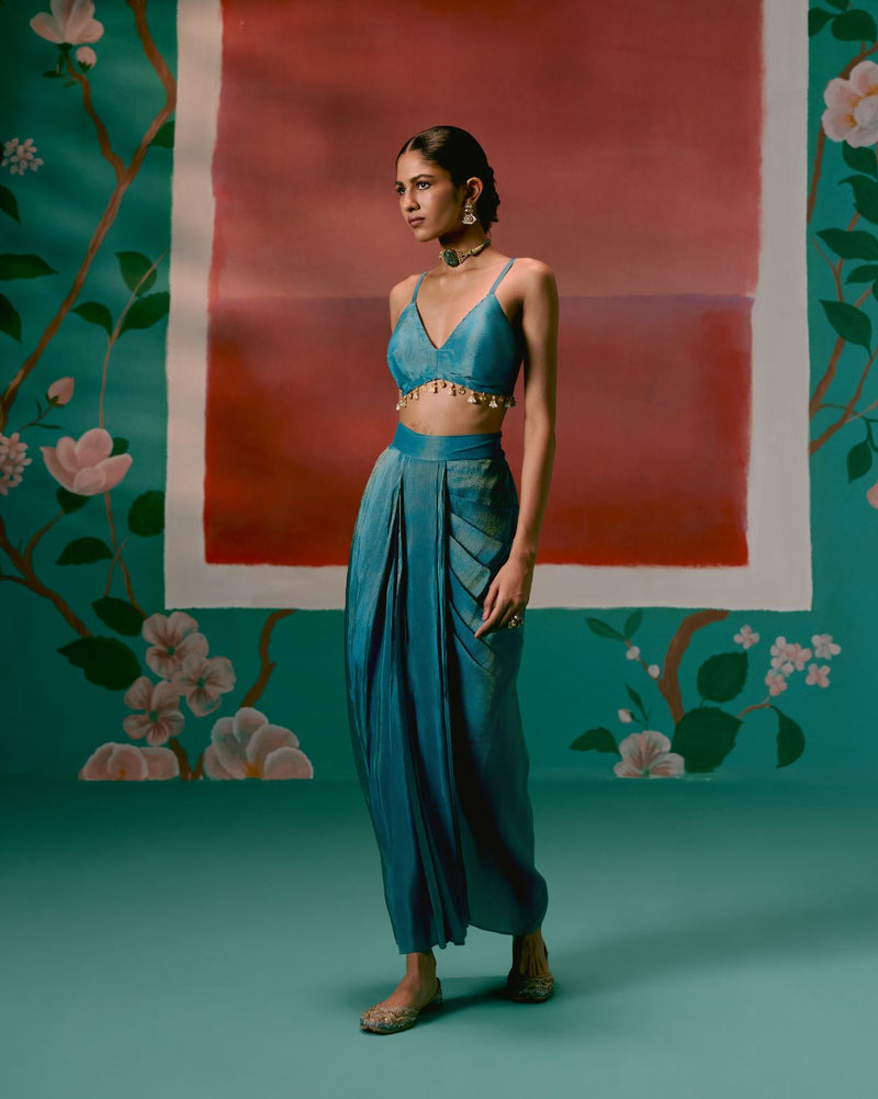 Teal Aztec Blazer Dhoti Set Buy Teal Aztec Blazer Dhoti Set from C&W | Co-Ord Sets for Women by Label Mogra in teal color for women in Singapore