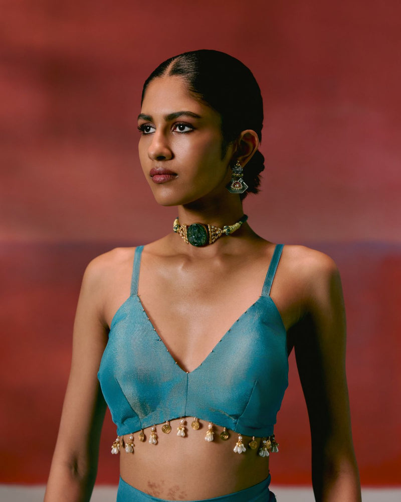 Teal Aztec Blazer Dhoti Set Buy Teal Aztec Blazer Dhoti Set from C&W | Co-Ord Sets for Women by Label Mogra in teal color for women in Singapore
