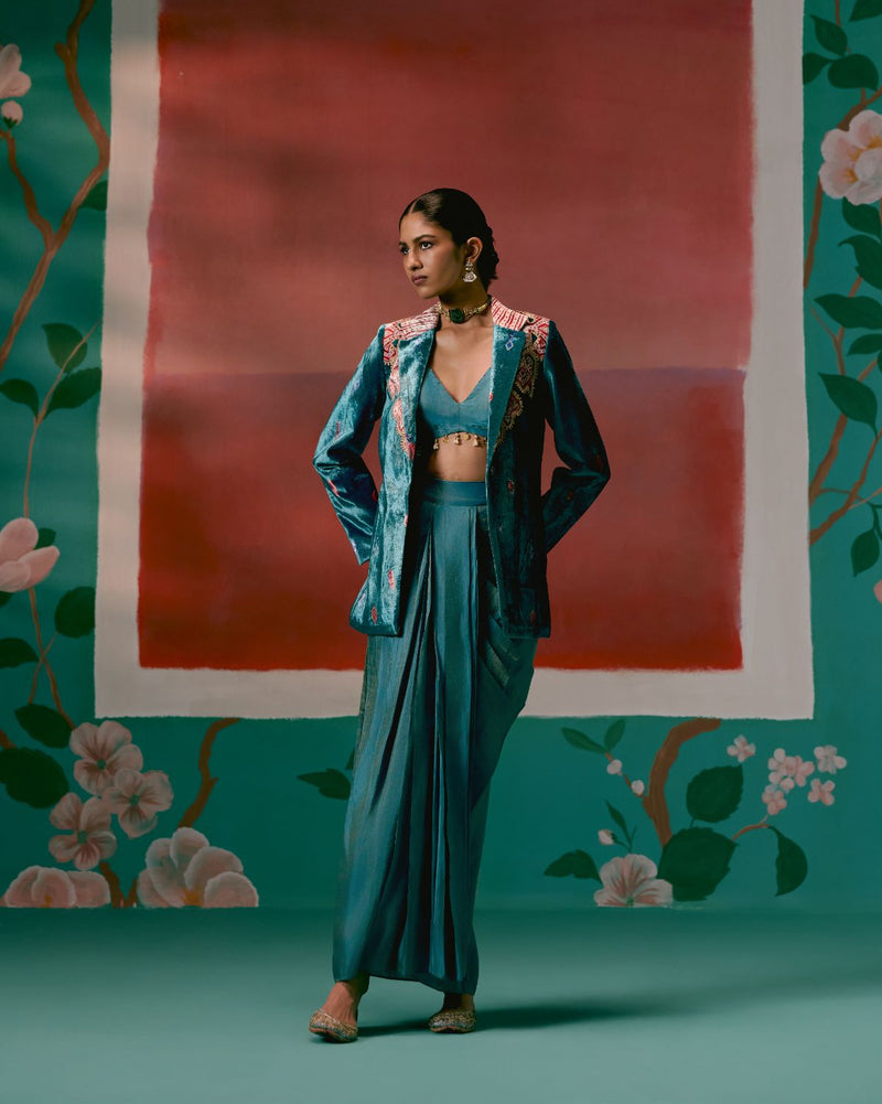 Teal Aztec Blazer Dhoti Set Buy Teal Aztec Blazer Dhoti Set from C&W | Co-Ord Sets for Women by Label Mogra in teal color for women in Singapore