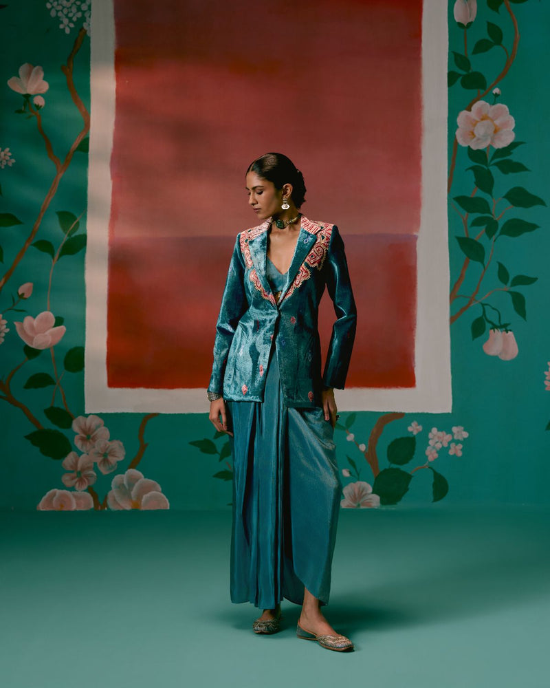 Teal Aztec Blazer Dhoti Set Buy Teal Aztec Blazer Dhoti Set from C&W | Co-Ord Sets for Women by Label Mogra in teal color for women in Singapore