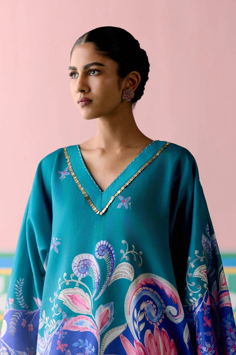 Teal Paisley Kaftan Set (Short)