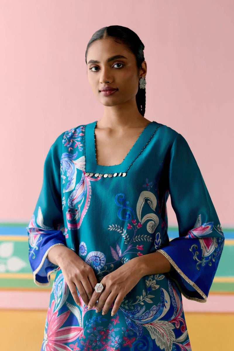 Teal Paisley Square Neck Kurta Set chanderi Buy Teal Paisley Square Neck Kurta Set from C&W | Light Kurta Sets for Women by Label Mogra in teal color for women in Singapore