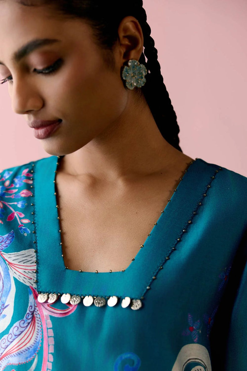 Teal Paisley Square Neck Kurta Set chanderi Buy Teal Paisley Square Neck Kurta Set from C&W | Light Kurta Sets for Women by Label Mogra in teal color for women in Singapore
