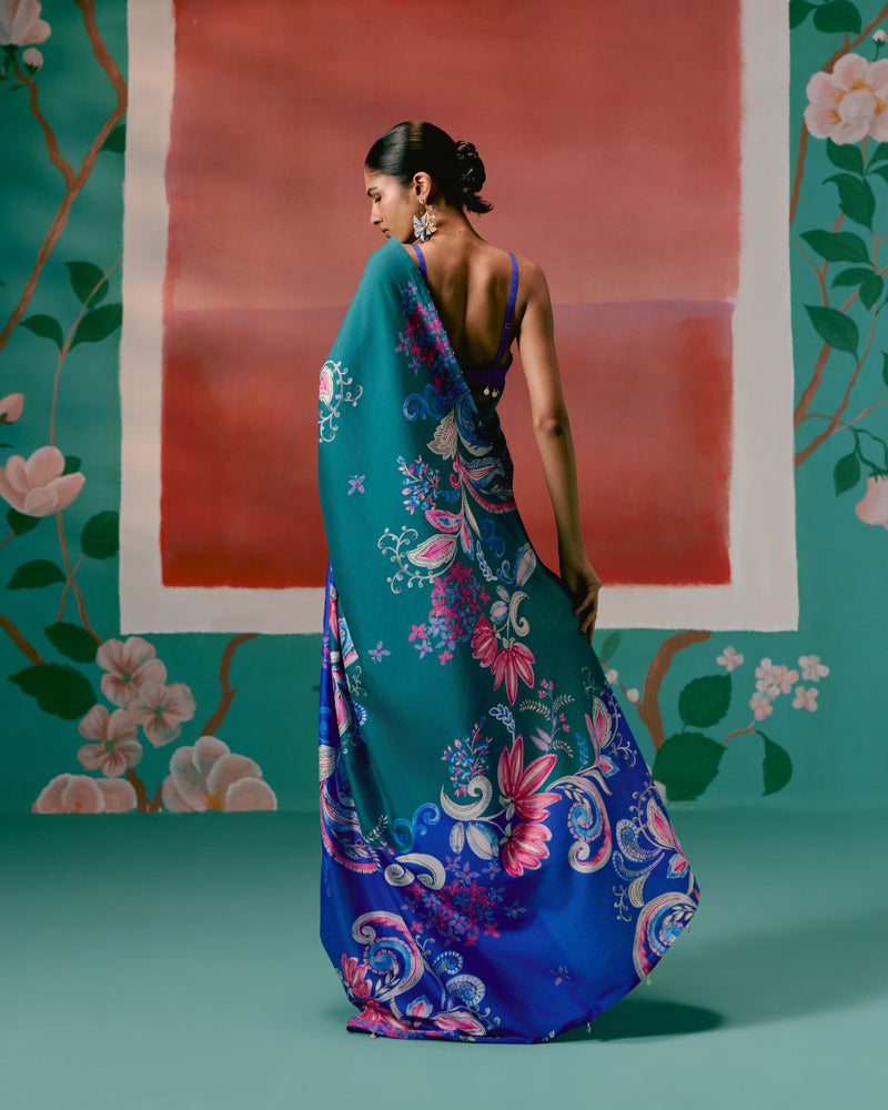 Teal & Blue Paisley Saree chanderi Buy Teal & Blue Paisley Saree from C&W | Saree for Women by Label Mogra in blue color for women in Singapore