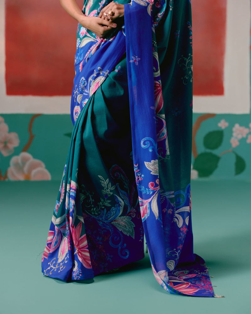 Teal & Blue Paisley Saree chanderi Buy Teal & Blue Paisley Saree from C&W | Saree for Women by Label Mogra in blue color for women in Singapore