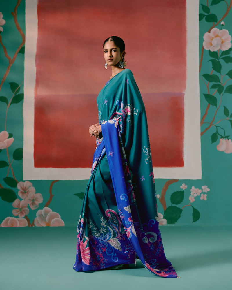 Teal & Blue Paisley Saree chanderi Buy Teal & Blue Paisley Saree from C&W | Saree for Women by Label Mogra in blue color for women in Singapore
