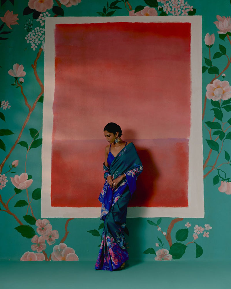 Teal & Blue Paisley Saree chanderi Buy Teal & Blue Paisley Saree from C&W | Saree for Women by Label Mogra in blue color for women in Singapore