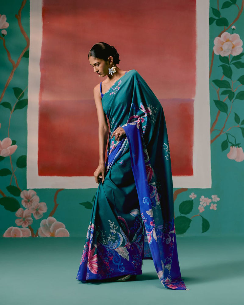 Teal & Blue Paisley Saree chanderi Buy Teal & Blue Paisley Saree from C&W | Saree for Women by Label Mogra in blue color for women in Singapore