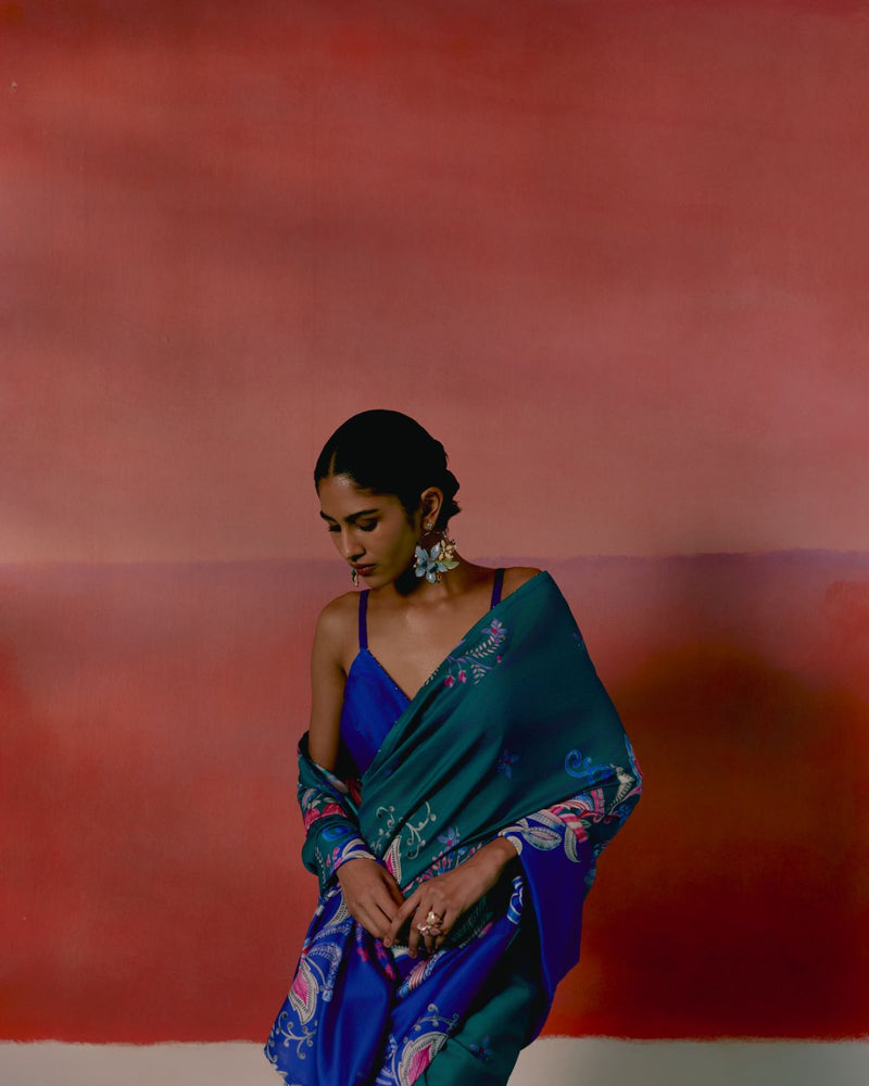 Teal & Blue Paisley Saree chanderi Buy Teal & Blue Paisley Saree from C&W | Saree for Women by Label Mogra in blue color for women in Singapore