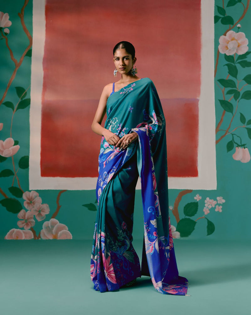 Teal & Blue Paisley Saree chanderi Buy Teal & Blue Paisley Saree from C&W | Saree for Women by Label Mogra in blue color for women in Singapore