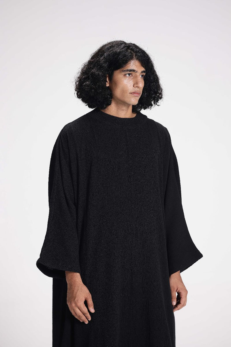 Textured Band Collar Co-ord Set cotton by Turn Black in black color for men in Singapore