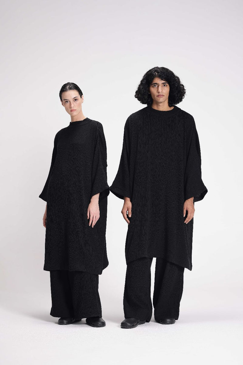 Textured Band Collar Co-ord Set cotton by Turn Black in black color for men in Singapore