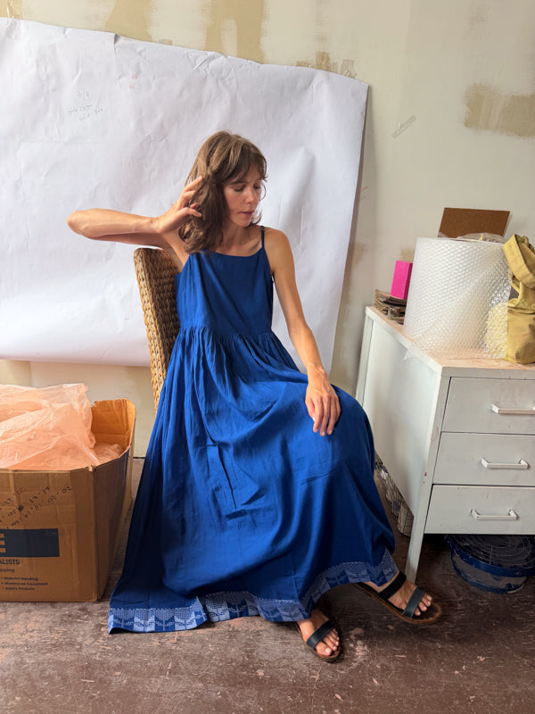 The Block Bloom Midi Dress-Cobalt Blue cotton jamdani dress by World of Crow in blue for women in Singapore