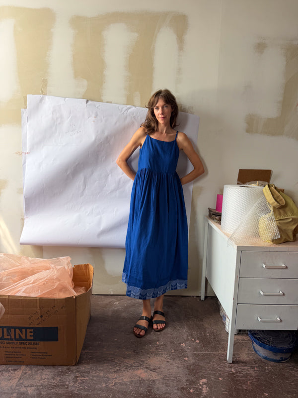 The Block Bloom Midi Dress-Cobalt Blue cotton jamdani dress by World of Crow in blue for women in Singapore