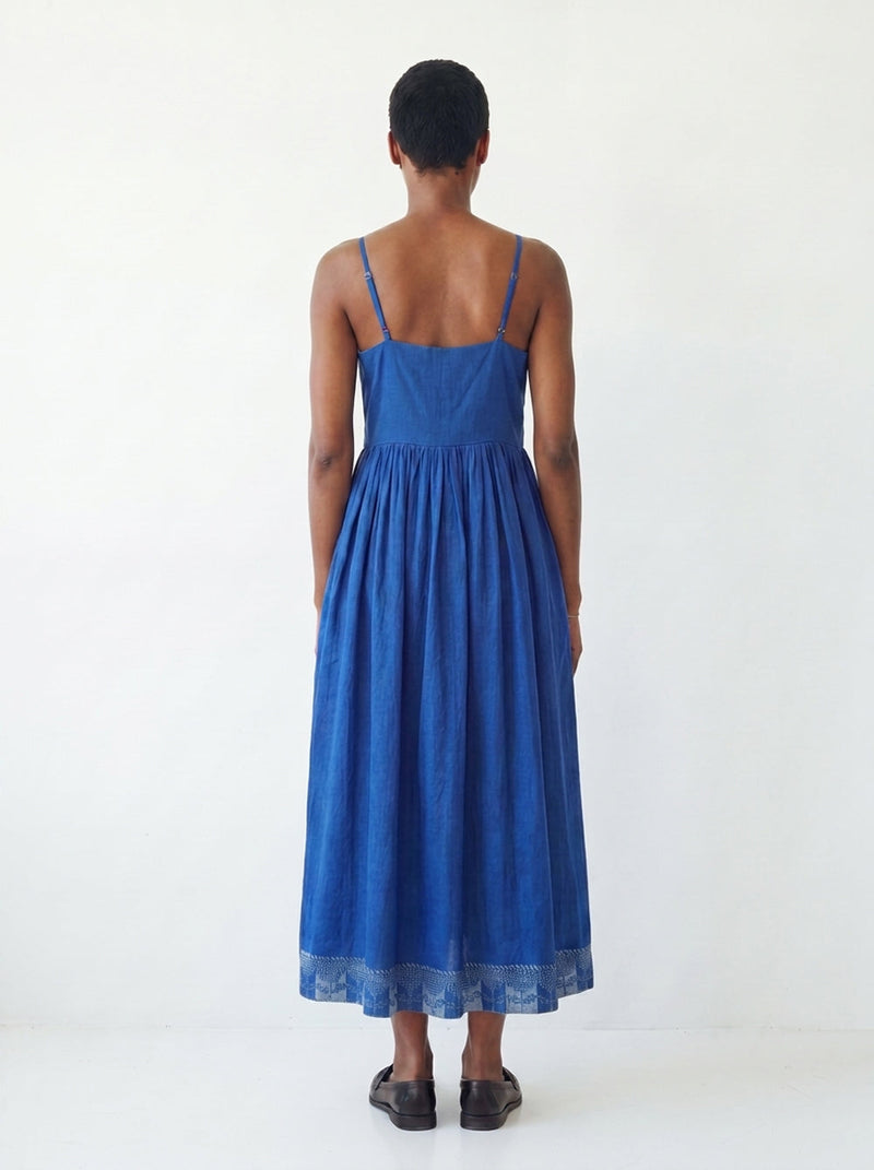 The Block Bloom Midi Dress-Cobalt Blue cotton jamdani dress by World of Crow in blue for women in Singapore